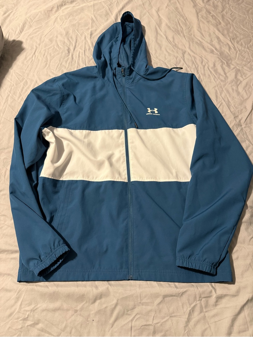Under Armour Men's Blue Hooded Windbreaker with White Chest Stripe Large